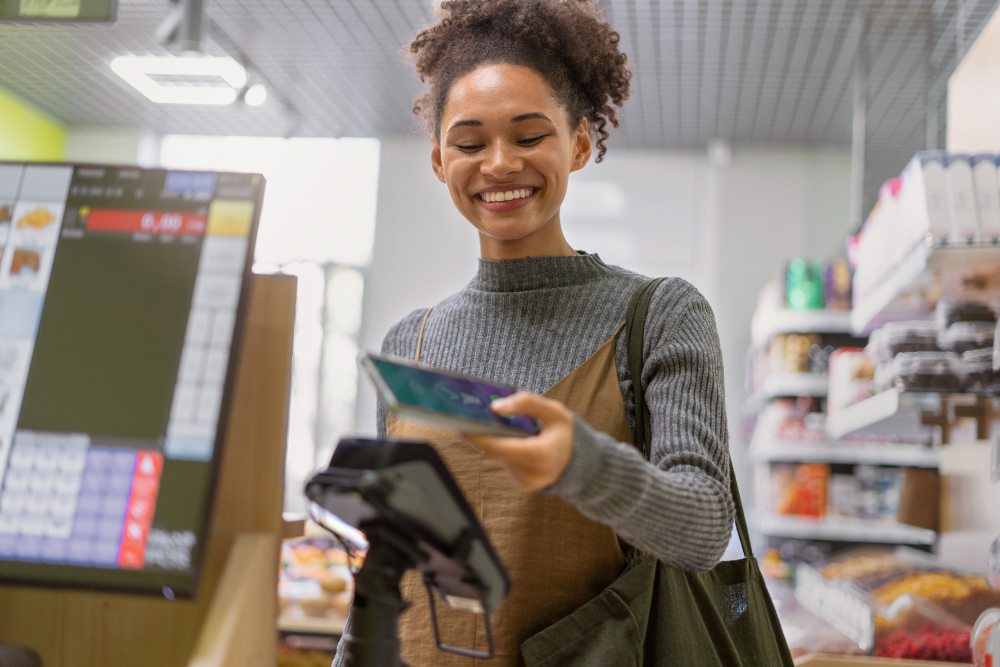 Consumidora realizando pagamento digital por aproximação no ponto de venda